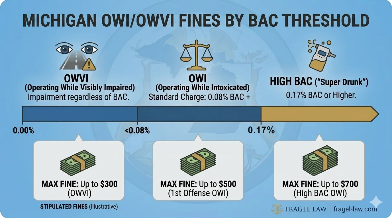 A data chart showing Michigan OWI statutory fines based on Blood Alcohol Concentration levels, including the Super Drunk threshold.
