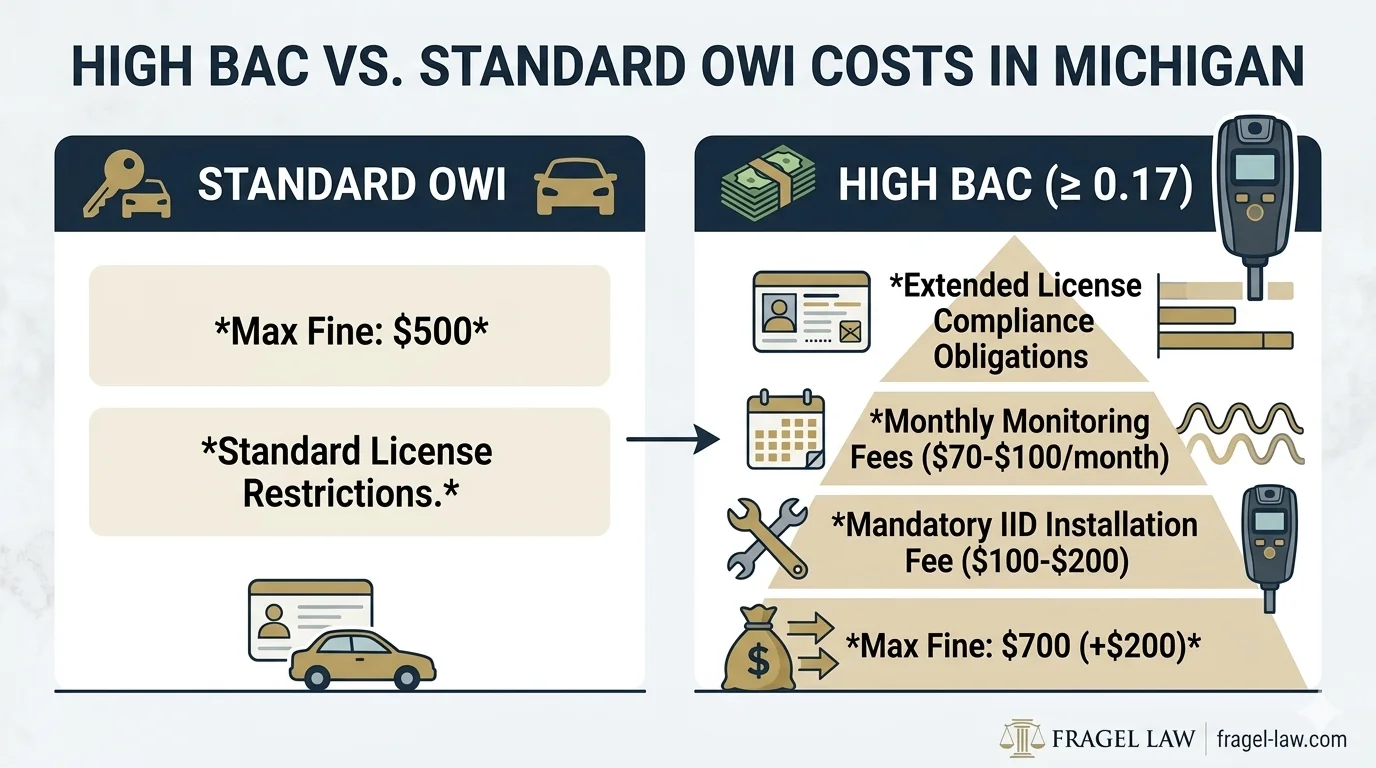 An infographic chart comparing the fines and hidden ignition interlock device (IID) compliance costs of a High BAC offense vs. a standard OWI in Michigan.