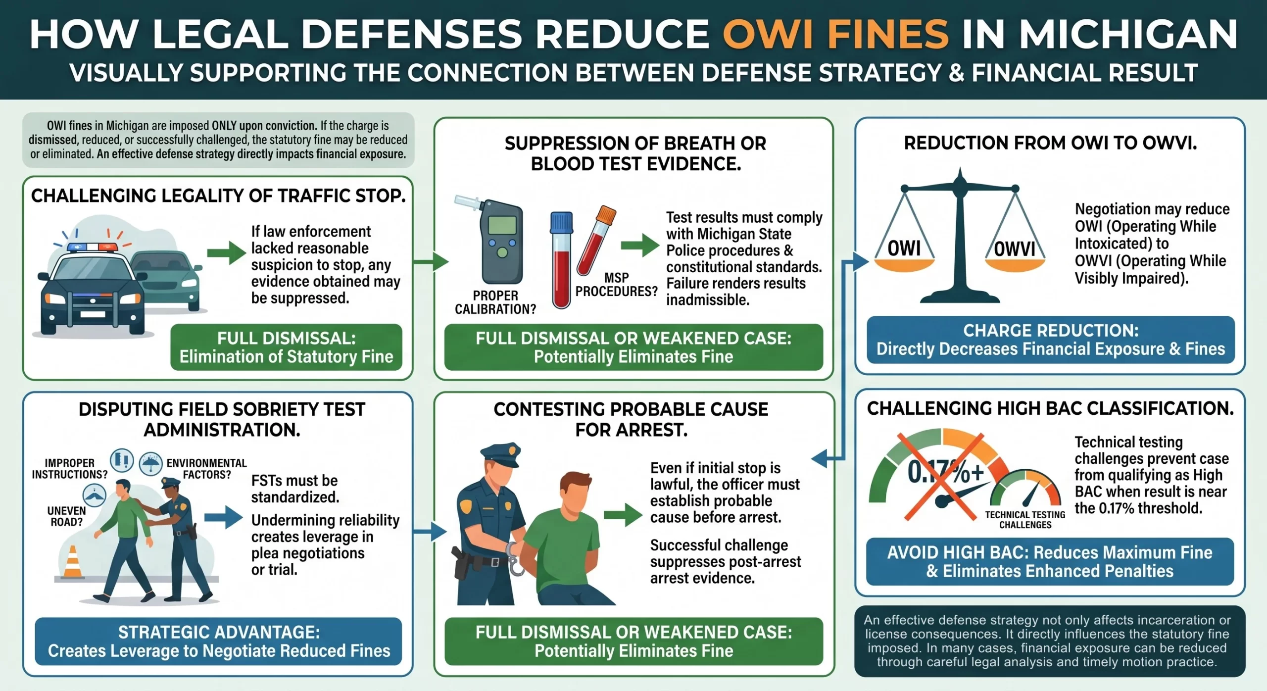 An infographic summarizing six legal defenses against an OWI charge in Michigan and illustrating how an effective defense strategy can directly reduce or avoid statutory fines, with green boxes for full dismissal (no fines) and blue boxes for charge reduction or avoiding high BAC enhanced penalties.