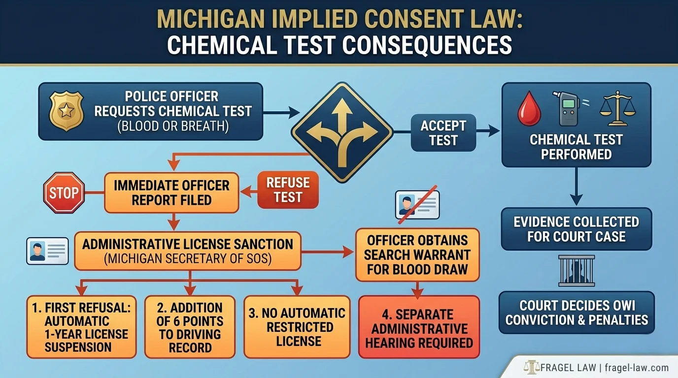 A step-by-step flowchart demonstrating the administrative penalties under Michigan implied consent law for refusing a blood or breath test after an OWI arrest, including automatic suspension and points.