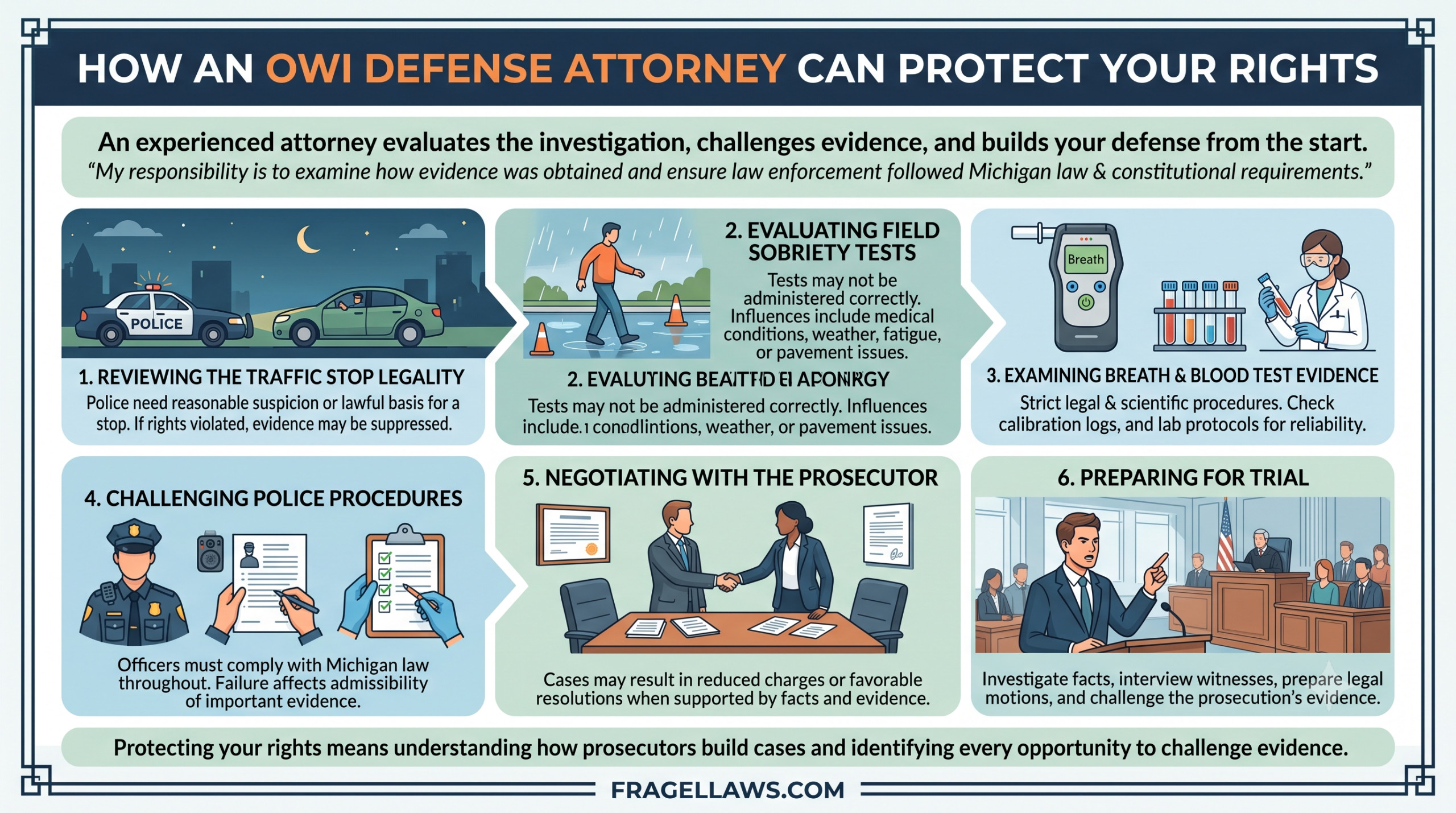 A comprehensive, professionally illustrated infographic in a landscape format titled 'HOW AN OWI DEFENSE ATTORNEY CAN PROTECT YOUR RIGHTS'. The infographic is organized into six numbered steps with clear headings, detailed text, and modern digital illustrations.