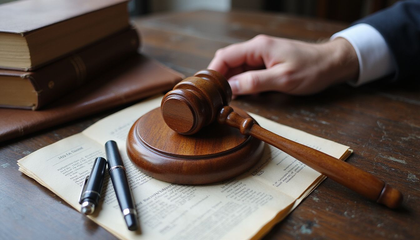 A wooden gavel and pen rest on legal documents next to stacked law books and a lawyer's hand on a desk, representing consultation with a DUI Charge Defense Attorney.