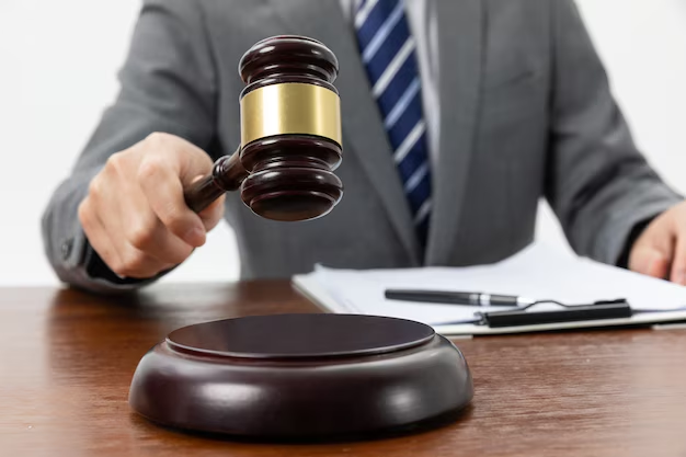 Lawyer in a suit holding a gavel over a desk, representing legal representation by a DUI Arrest Defense Lawyer.